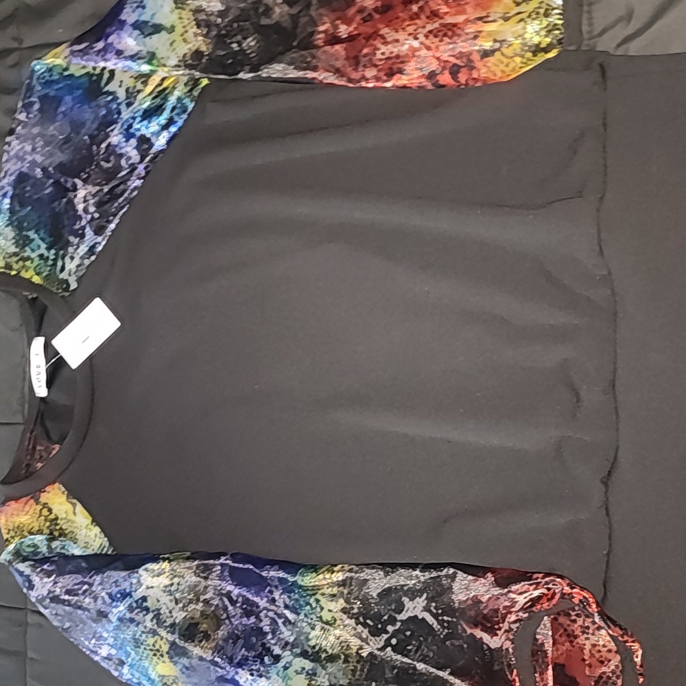 Love J Black Top with Colorful Print  Sheer Sleeves